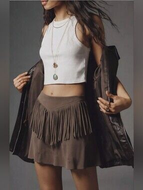 BCNU Be Seeing You Brown Faux Suede Fringe Skirt